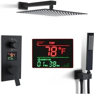 Matte Black Shower Faucet Set Rain Head Digital Shower System 12 Inch Wall Mount
